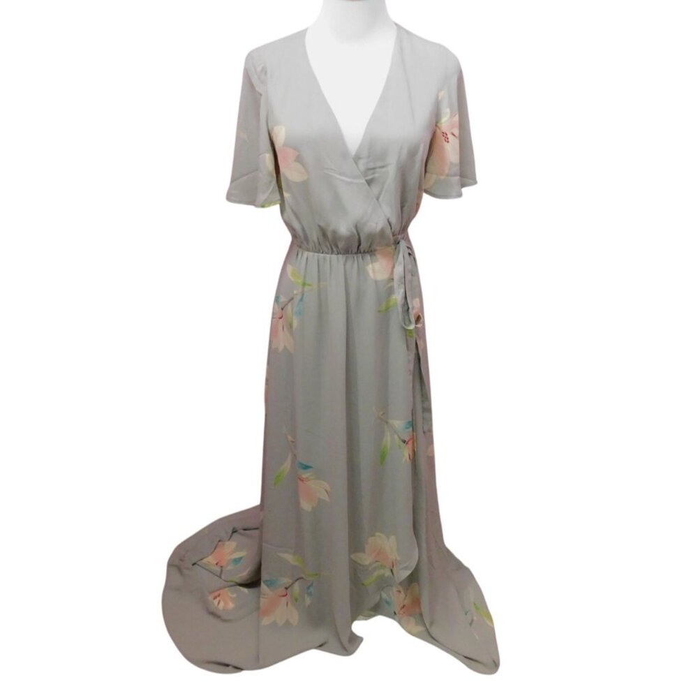 Show Me Your Mumu Gray Floral Maxi Wrap Dress X-Small Short Sleeve
